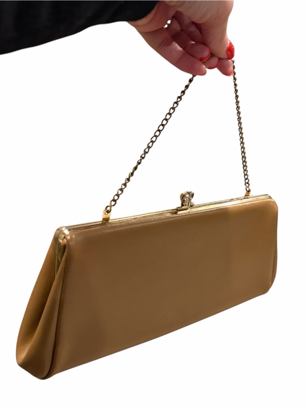 Elegant‎ Camel Vintage Leather Chain Strap Clutch with gold hardware